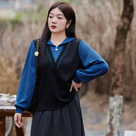 2024年冬季新款宽松套头假两件毛针织衫显瘦大码上衣女胖mm高级感图片