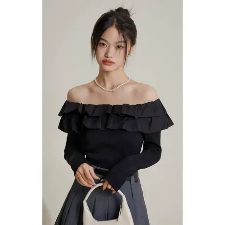 弥古黑色一字肩短款上衣性感露肩法式荷叶边针织衫高级感女2023秋商品大图