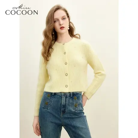 missCOCOON宽松圆领短款开衫2023冬新女罗纹下摆H型马海毛针织衫商品大图
