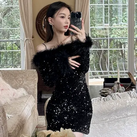 生日party宴会小礼服裙高级感包臀吊带一字肩黑色羽毛亮片连衣裙商品大图