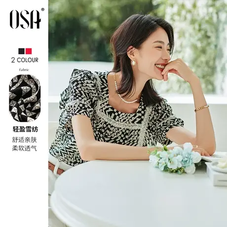 OSA欧莎黑色方领泡泡袖雪纺衫女2022年夏季新款宽松小衫蕾丝上衣商品大图