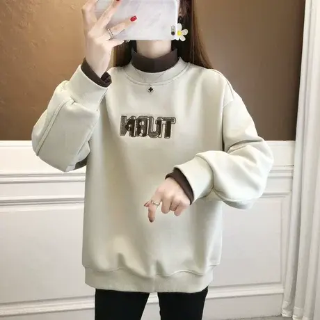 半高领卫衣女秋冬韩版宽松加绒加厚保暖撞色银狐绒假两件上衣外套商品大图