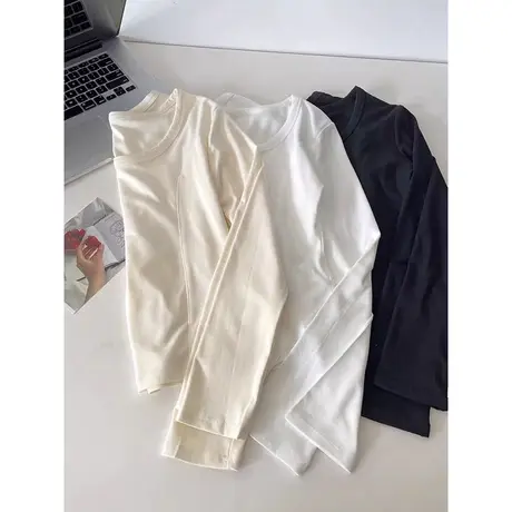 德绒磨毛保暖长袖T恤女冬季内搭修身小衫洋气时髦短款鱼骨上衣潮图片