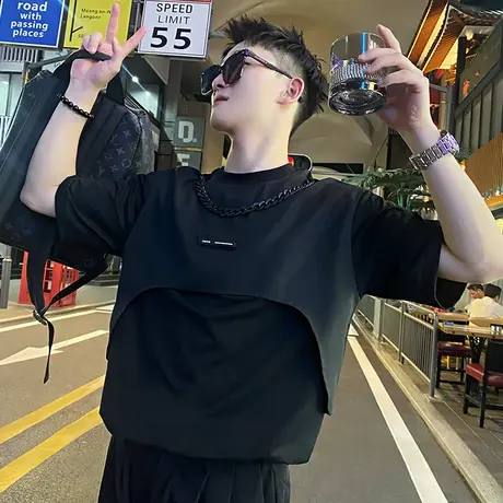 夏季男士t恤短袖宽松半袖潮流潮牌假两件设计个性INS上衣纯色体恤商品大图