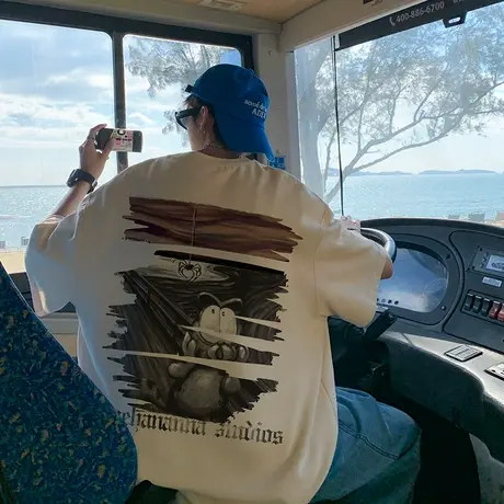 设计感抽象卡通印花短袖T恤男oversize情侣圆领上衣夏季新款体恤图片