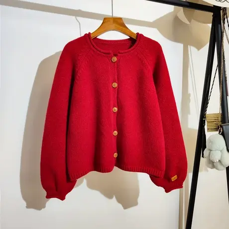 2024新年红色毛衣开衫外套女秋冬宽松圆领时尚百搭加厚针织衫上衣商品大图