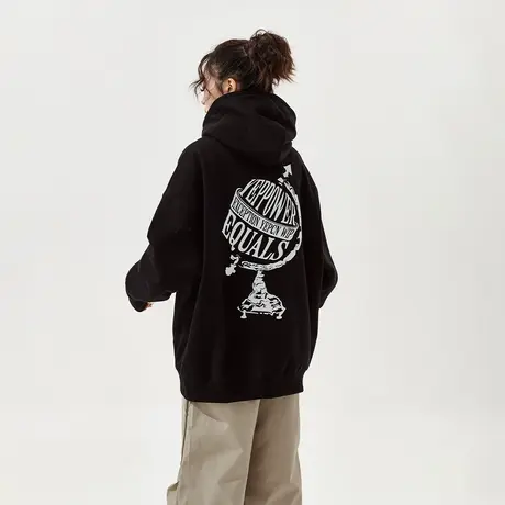 YEP黑色印花连帽卫衣女春秋2024年新款复古潮牌宽松oversize外套图片