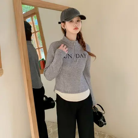 othermix假两件半拉链字母印花打底衫女2024春季新款针织衫短上衣图片