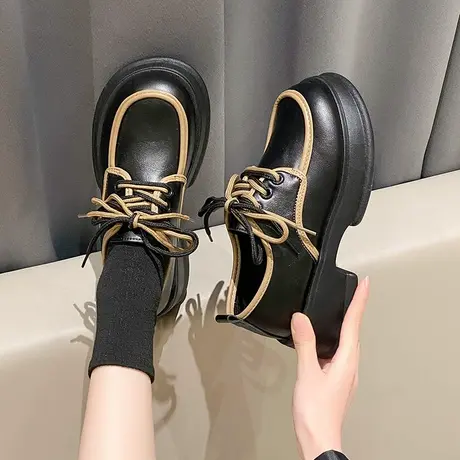 系带黑色单鞋女2024春秋季新款乐福鞋女鞋厚底增高跟英伦风小皮鞋商品大图