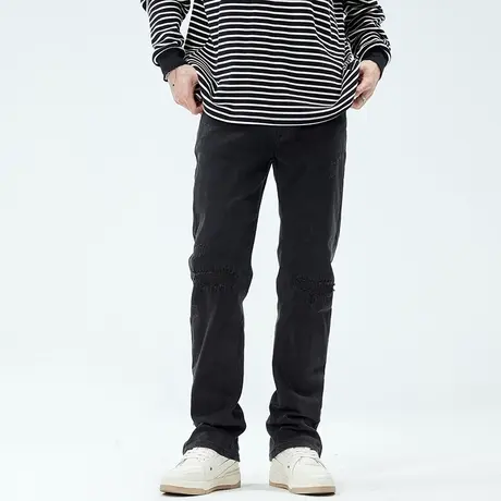 秋冬美式黑色牛仔裤男潮牌宽松休闲高个子加长版大码阔腿直筒裤子商品大图