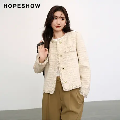 红袖经典休闲织带边外套hopeshow2024春新款香风气质毛边圆领上衣图片