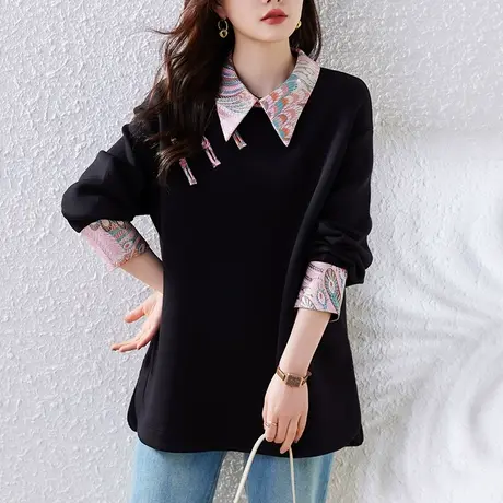 卫衣女春秋新款大码女装宽松中年妈妈中长款民族风翻领显瘦打底衫图片