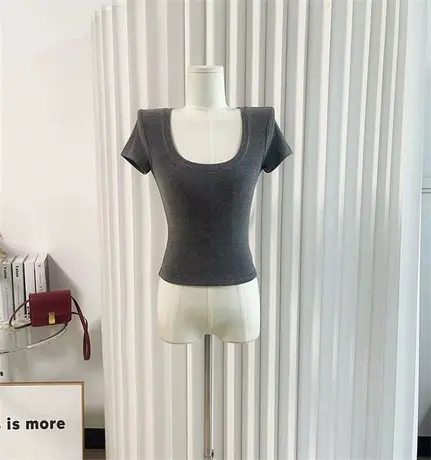 软糯亲肤短袖T恤女羊毛混纺大U领修身打底衫时髦百搭显瘦上衣女夏商品大图