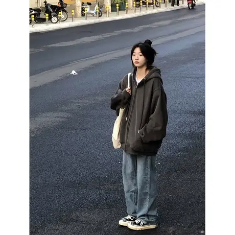 灰色开衫卫衣外套女2024爆款春秋薄款小个子宽松美式复古连帽上衣图片