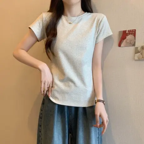 洋气时髦短袖T恤女2024新款夏装百搭修身韩版欧货潮牌正肩上衣服商品大图