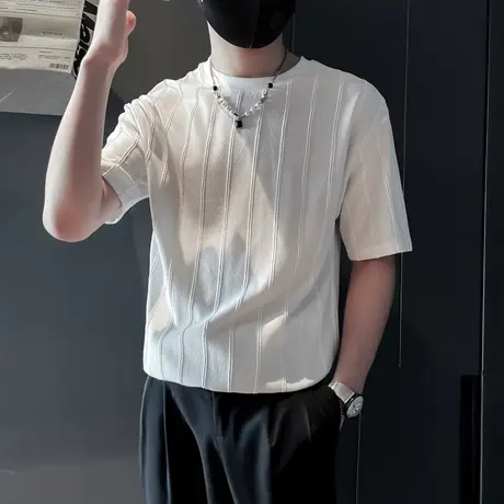 短袖T恤男夏季纯色条纹肌理感圆领内搭上衣潮流简约半袖打底体恤商品大图