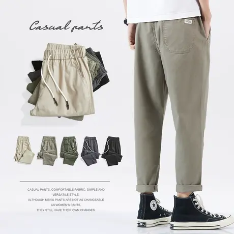hansca直筒休闲裤男夏季薄款九分潮流韩版纯棉简约百搭宽松工装裤商品大图