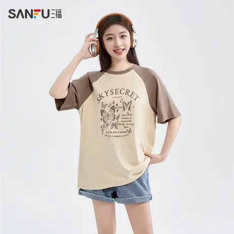 三福短T恤2024夏季蝴蝶撞色插肩袖宽松纯棉上衣女装484589图片