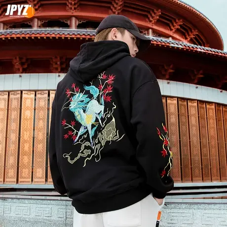 国潮原创卫衣男休闲宽松麒麟刺绣连帽潮牌秋冬中国风情侣款外套潮商品大图
