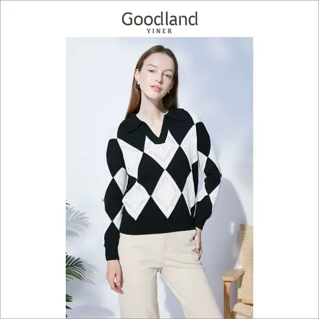 Goodland女装2022冬季黑白拼色翻领羊毛混纺针织衫套头商品大图