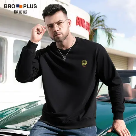 胖哥哥加肥加大码秋冬卫衣男厚款加绒宽松圆领重磅运动男士打底衫图片