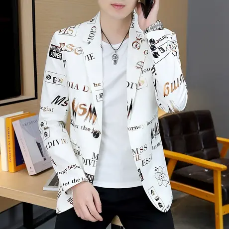 夜场个性烫金西服男秋季ins潮流韩版薄款帅气字母印花小西装外套商品大图