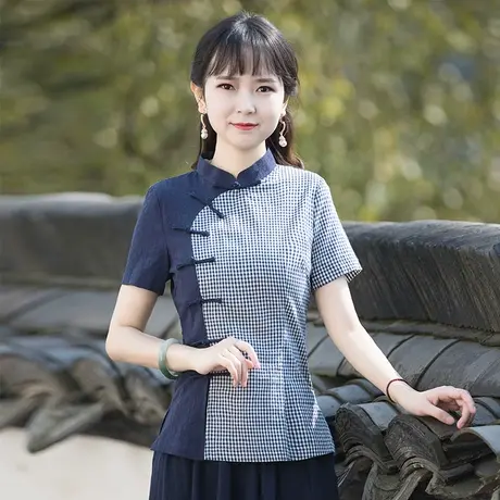 筠雅唐装女中国风中式禅意女装改良旗袍上衣短袖素衣茶服复古禅服商品大图