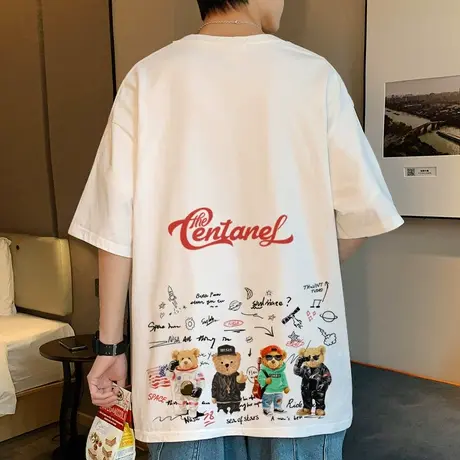 港风纯棉短袖t恤男潮牌小熊印花夏季衣服潮流打底衫宽松半袖体恤t商品大图