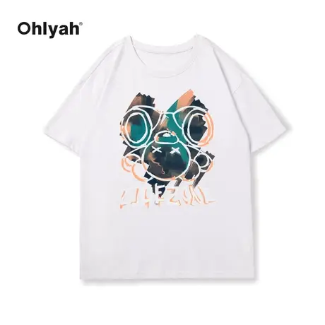 Ohlyah2022新款黑色短袖T恤女宽松小熊印花体恤学生百搭纯棉上衣图片