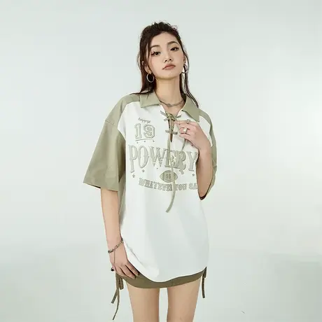 YEP复古系带翻领短袖T恤女2023新款夏季宽松设计感小众上衣ins潮商品大图