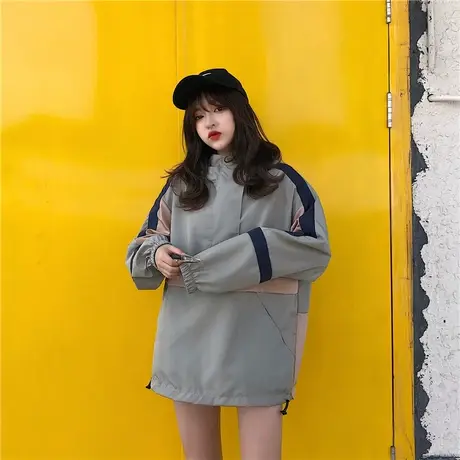 2021夏季欧洲站薄款半拉链外套拼接撞色宽松连帽抽绳套头防晒衣女商品大图