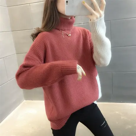 高领套头毛衣女2023年秋冬新款韩版撞色针织打底上衣潮百搭加厚图片