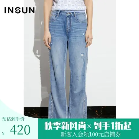 恩裳COVER2023夏季新款复古洗水工艺手工缝制珍珠链条直筒牛仔裤商品大图