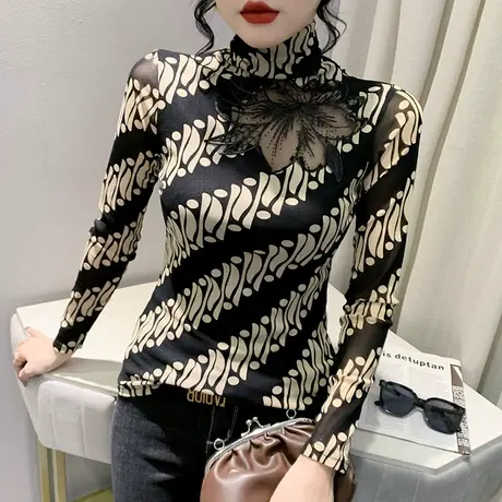 性感镂空T恤女长袖2023春秋新款时尚印花上衣网纱高领加绒打底衫图片