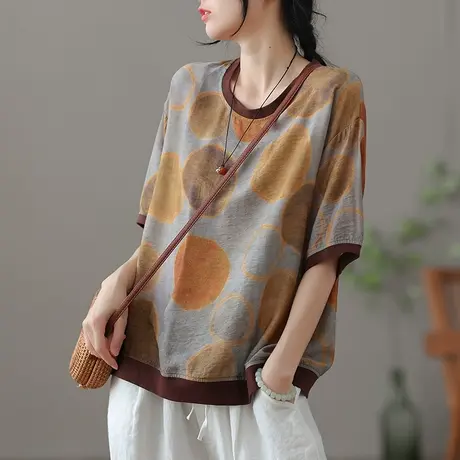 dza 复古亚麻上衣女士夏季短袖t恤2023新款休闲圆领打底棉麻体恤商品大图