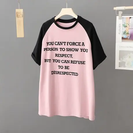 显瘦夏季拼色纯棉T恤女短袖中长款舒适透气休闲体恤宽松大码上衣商品大图