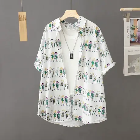 设计感小众轻薄款短袖衬衫女夏季2023年新款印花衬衣外搭上衣开衫商品大图
