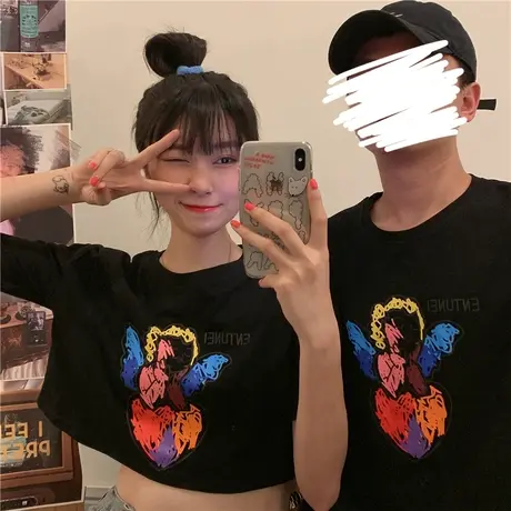 2023新款短款短袖上衣女网红韩版ins情侣装宽松高腰露脐白色T恤潮商品大图