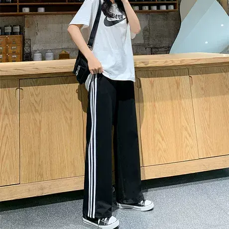 休闲运动裤女夏季ins百搭拼接直筒阔腿裤宽松显瘦高腰长裤裤子潮商品大图