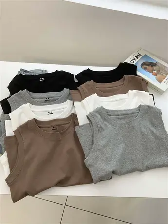 简约刺绣圆领螺纹背心女秋季内搭打底衫修身显瘦百搭无袖T恤上衣商品大图