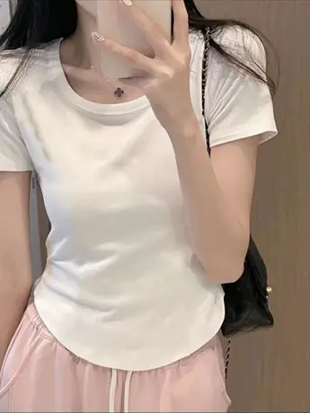 纯欲U领短袖t恤女夏季小众设计感法式甜辣风辣妹短款正肩显瘦上衣图片