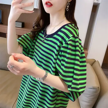 小众设计感短袖t恤女夏季韩版宽松大码中长款条纹泡泡袖上衣服潮图片
