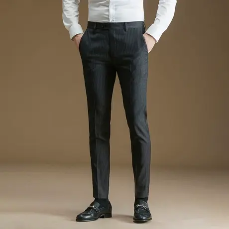 POWO西装裤男士春季商务休闲竖条纹长裤子韩版修身微弹小脚西裤男图片