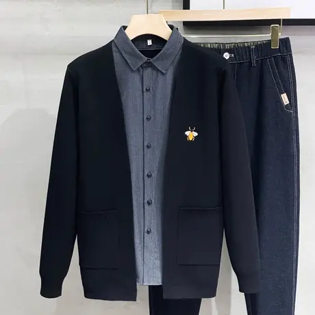 2023春秋季新款男士开衫简约蜜蜂刺绣商务休闲薄针织衫毛衣外套潮商品大图