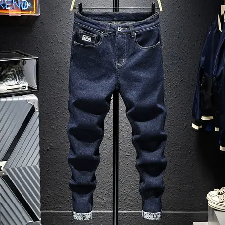 牛仔裤男春秋季2021新款潮牌韩版高端蓝黑色男士小脚长裤子男弹力图片