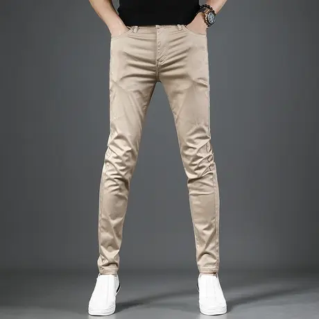 高端卡其色牛仔裤男2023夏季新款修身小脚弹力潮牌男士休闲裤子男商品大图
