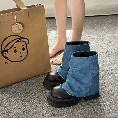 瘦瘦靴女中筒靴2023秋新款复古超火网红炸街辣妹厚底显腿长裤腿靴商品大图