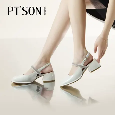 百田森方头水钻玛丽珍鞋女夏季新款中粗跟亮皮包头凉鞋女PTS商品大图