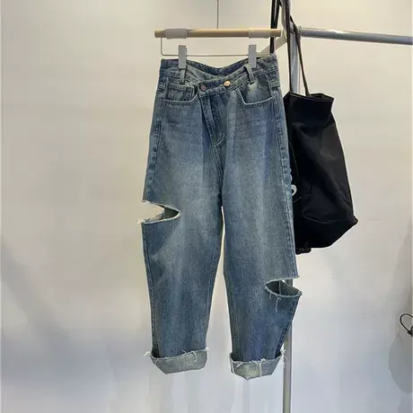 哈伦破洞牛仔裤女装胖mm大码夏季新款复古高腰显瘦九分裤潮200斤图片