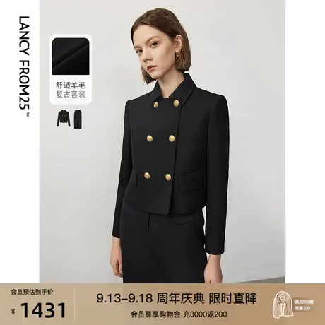 朗姿羊毛复古双排扣法式高级感黑色短外套2023年冬季新款长袖上衣图片